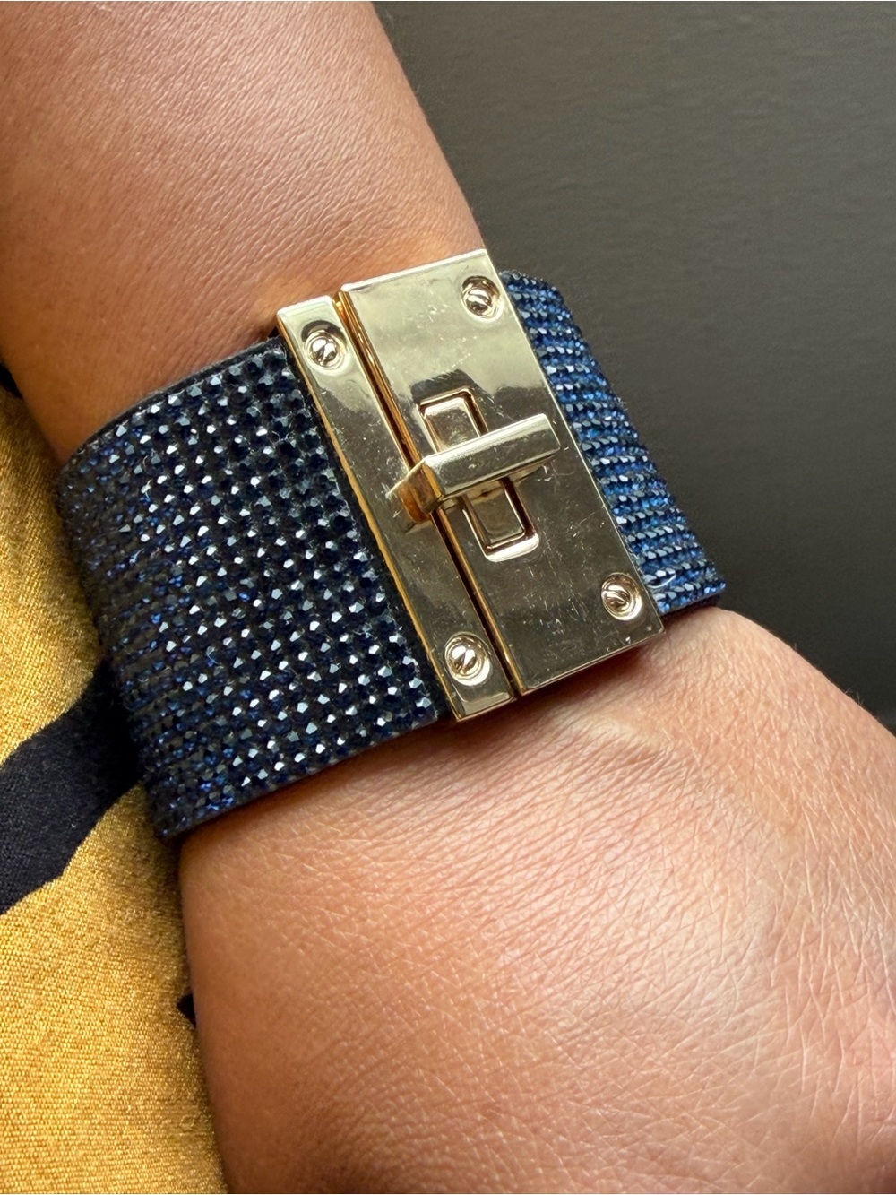 Navy Rhinestones Crystals Leather Wide Band Bracelet Gold-Tone Twist Lock